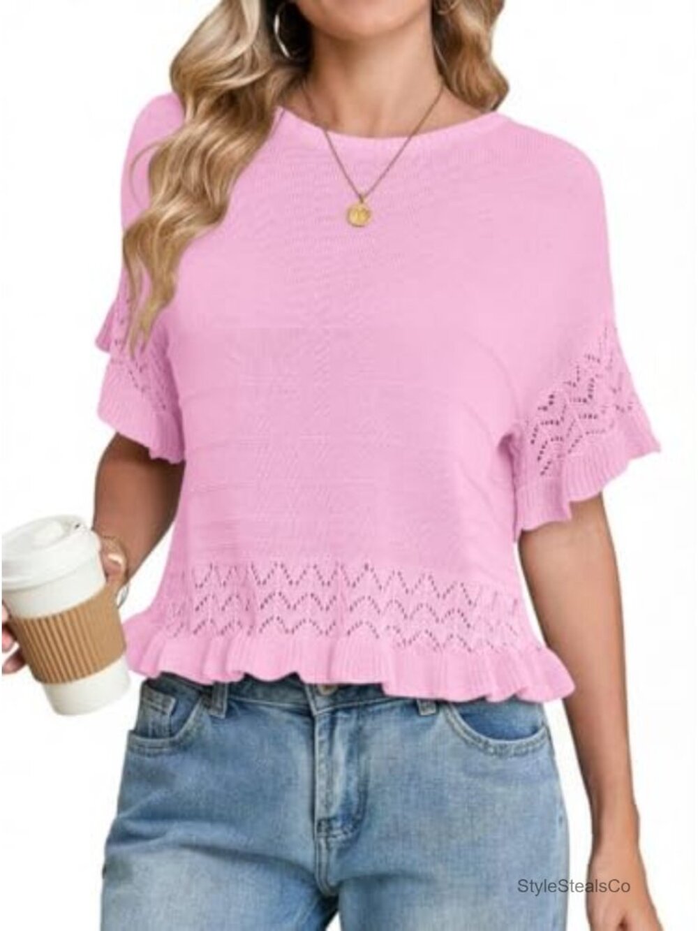 Womens Cropped Sweater Knit Top Round Neck Crochet Pullover Ruffled Hem